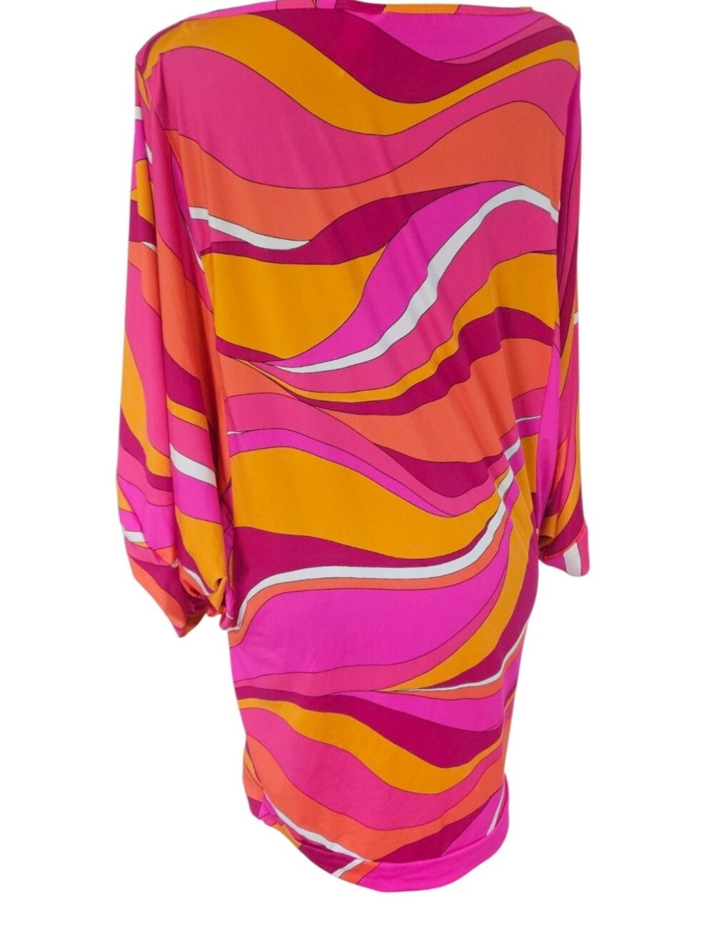 Trina Turk Wave Print Batwing Tunic Top Size L Pink Orange